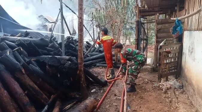 Petugas Pemadam Kebakaran Pacitan bersama anggota TNI melakukan proses penyemprotan dan pembasahan sisa-sisa kayu yang terbakar di kawasan pabrik UD Manfaat Berkah Grup, Desa Karangrejo, Kabupaten Pacitan, Senin (28/9/2026). (Foto: Istimewa)