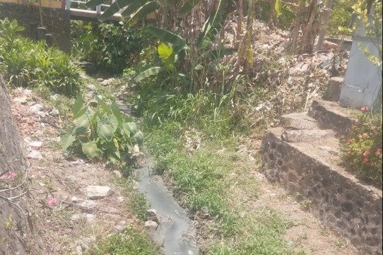 Kondisi saluran air yang mengalirkan air keruh berwarna keabu-abuan di tepi ruas Jalan Nasional Pacitan–Lorok, Desa Mentoro, Kabupaten Pacitan, Selasa (13/10/2026). Air limbah tersebut diduga menjadi pemicu bau tidak sedap yang mengganggu pengguna jalan. (Foto: Dok. Istimewa)